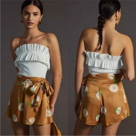 NEW Maeve Anthropologie Floral Silky Satin Tie Shorts Skort Brown Size 6 Boho - Picture 1 of 13